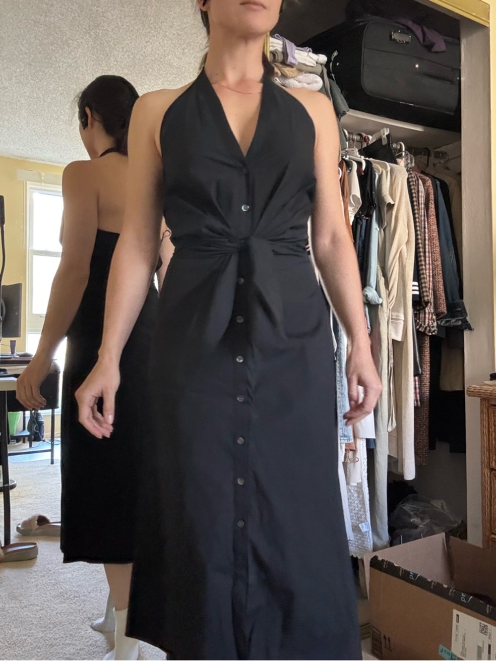 Veronica Beard Black Halter Button-Front Midi Dress